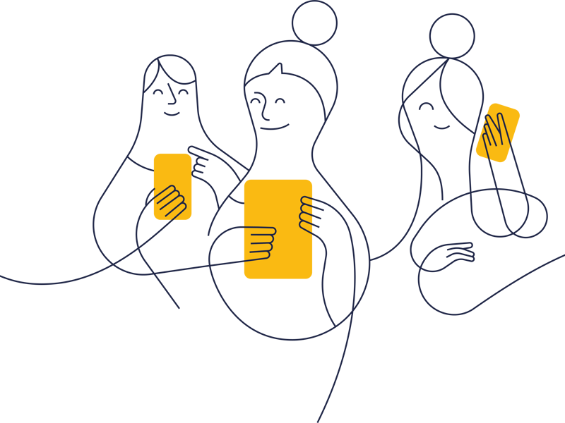Tre kvinnor använder sina mobiltelefoner. Illustration.
