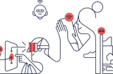 Man och kvinna som använder mobiltelefon och VR-glasögon. Illustration.
