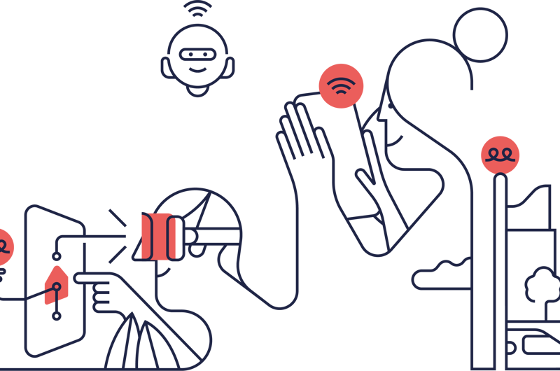 Man och kvinna som använder mobiltelefon och VR-glasögon. Illustration.