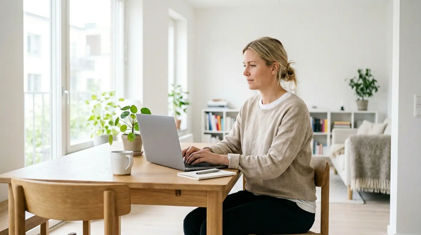 Kvinna i sin lägenhet vid sin laptop.