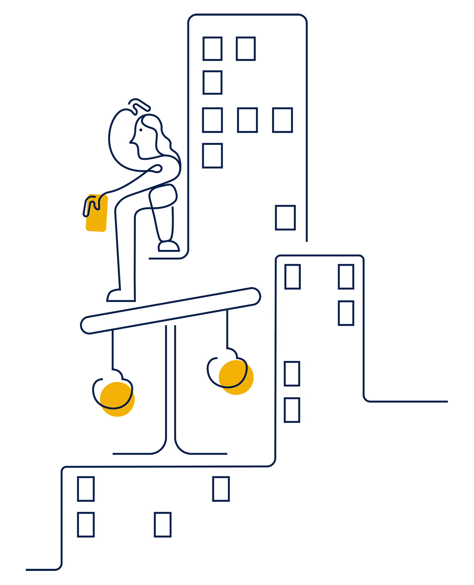 Illustration. Flerfamiljshus. Funderande person som håller dokument och sitter på en vågskål.