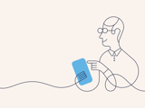 Man med glasögon tittar på sin mobil. Illustration.