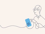Man med glasögon tittar på sin mobil. Illustration.