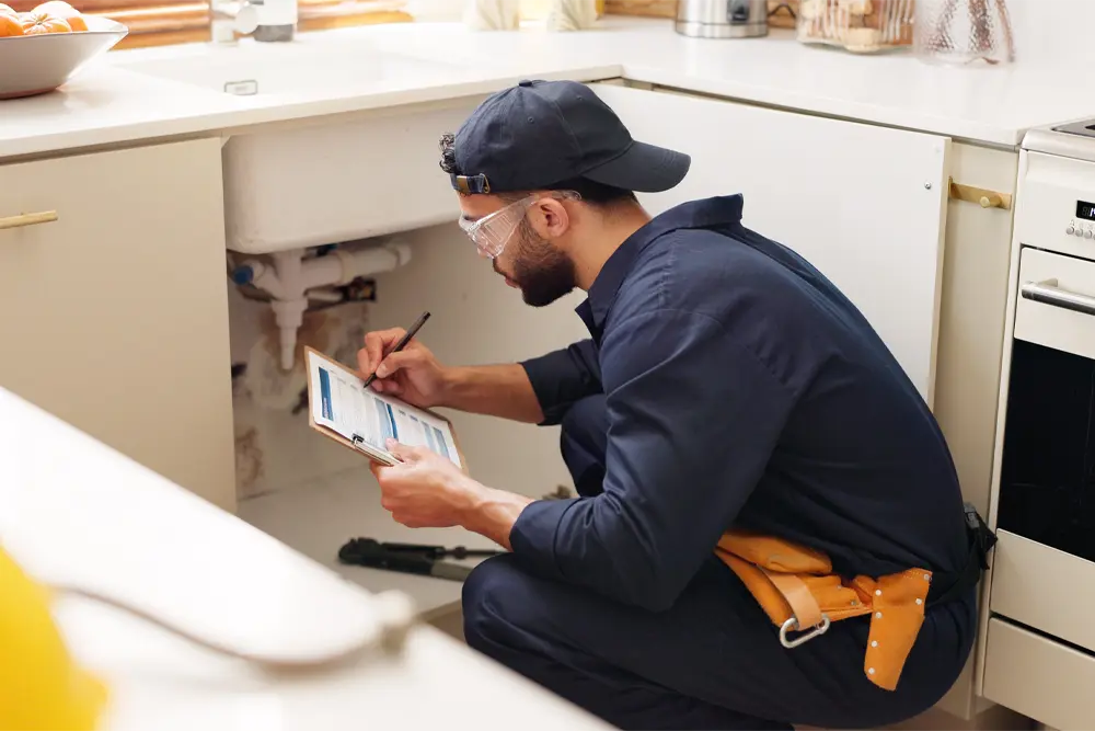 Statuskontroll utförs av teknisk förvaltare checklista i ett kök.