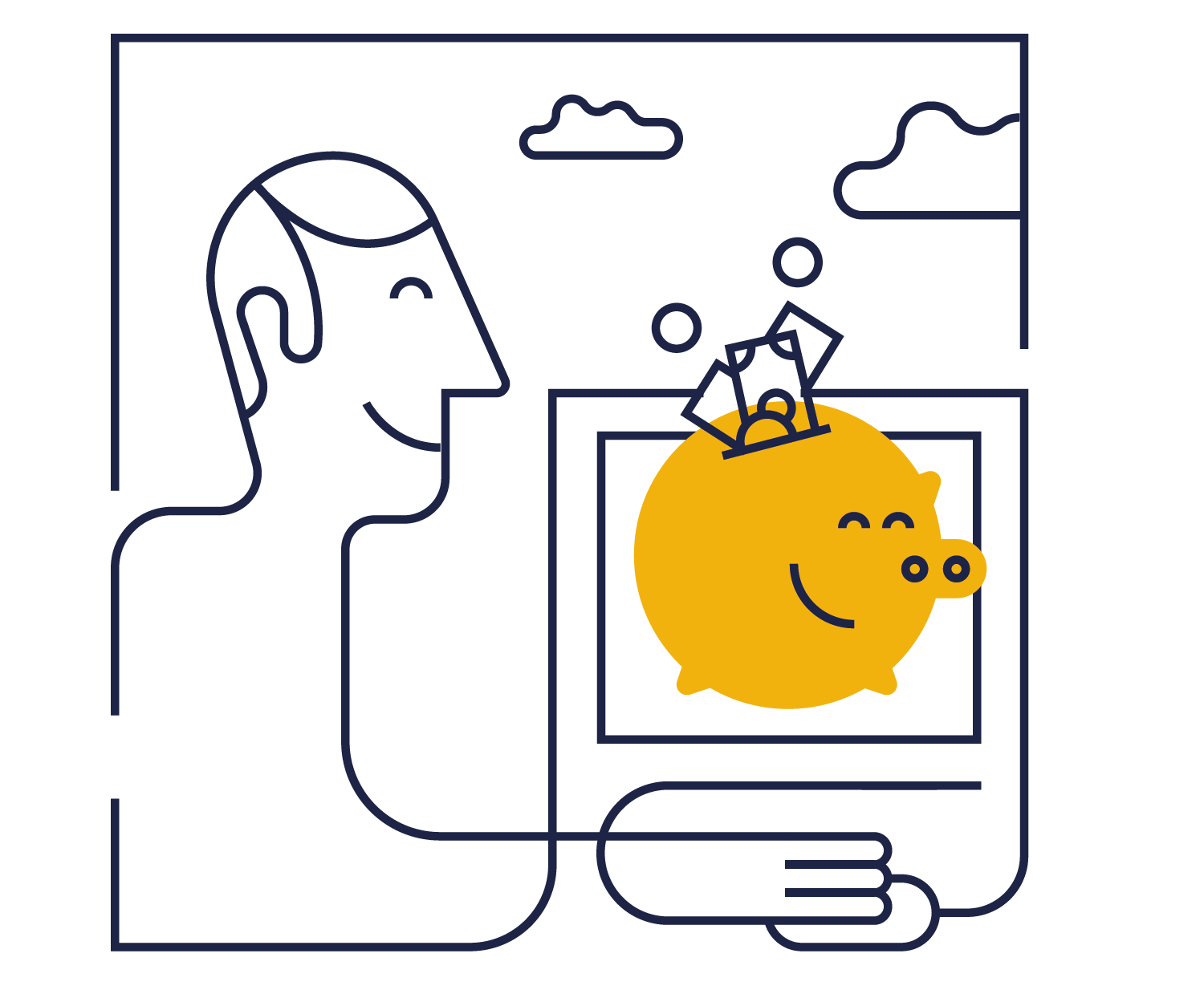 Leende man ser när spargris fylls på med pengar. Illustration.