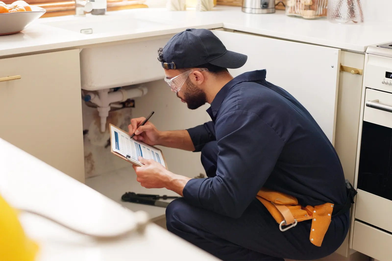 Statuskontroll utförs av teknisk förvaltare checklista i ett kök.