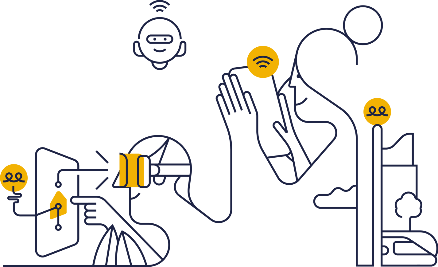 Man och kvinna som använder mobiltelefon och VR-glasögon. Illustration.