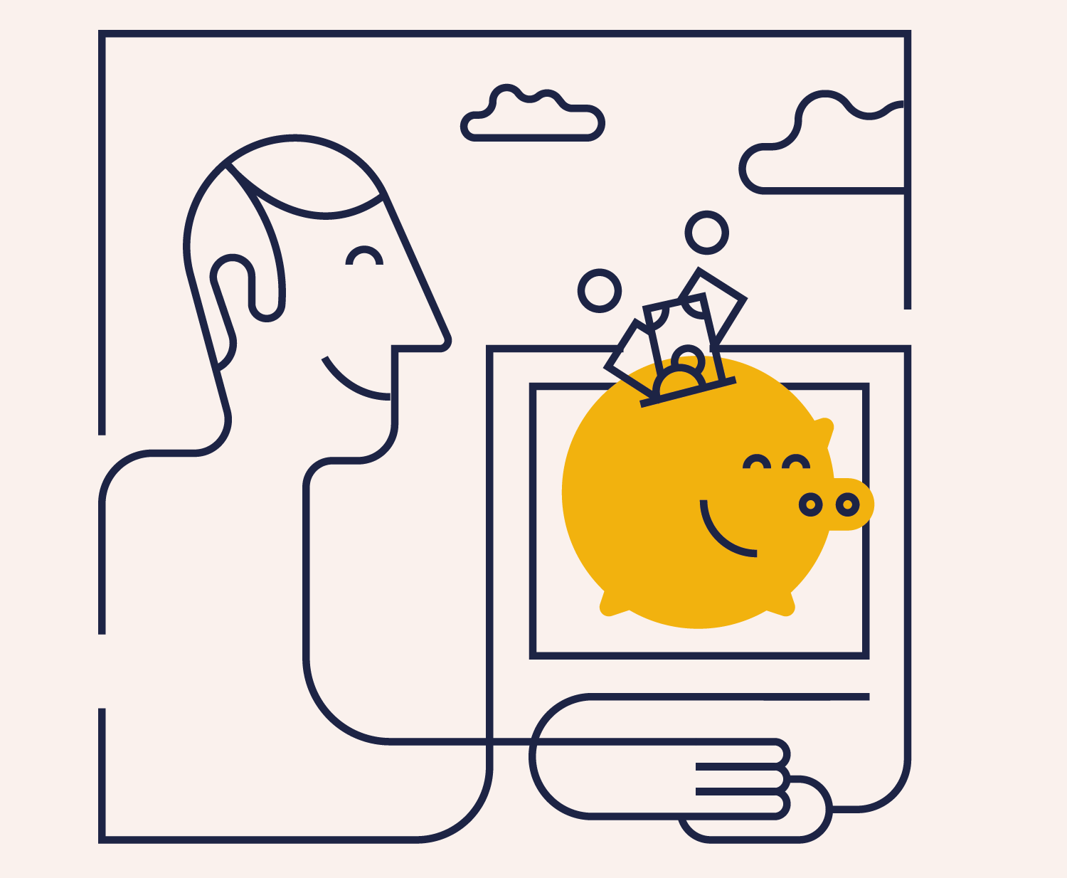 Leende man ser när spargris fylls på med pengar. Illustration.