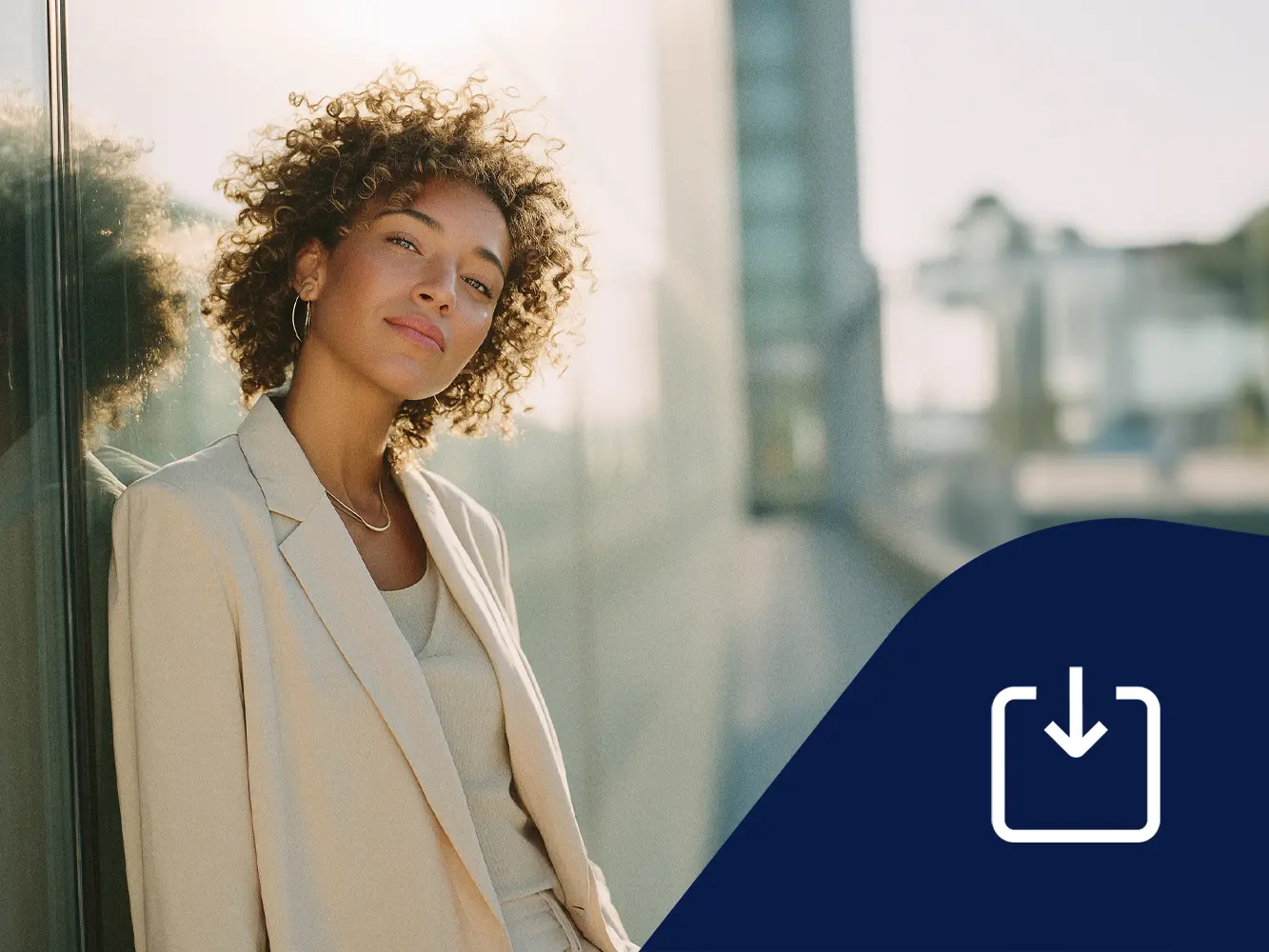 Modern ung kvinna i kavaj lutar sig mot en fasad i kvällsljuset. Ikon för ladda ner.