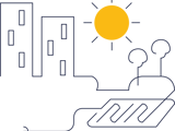 Sol som skiner i bostadsområde. Illustration.