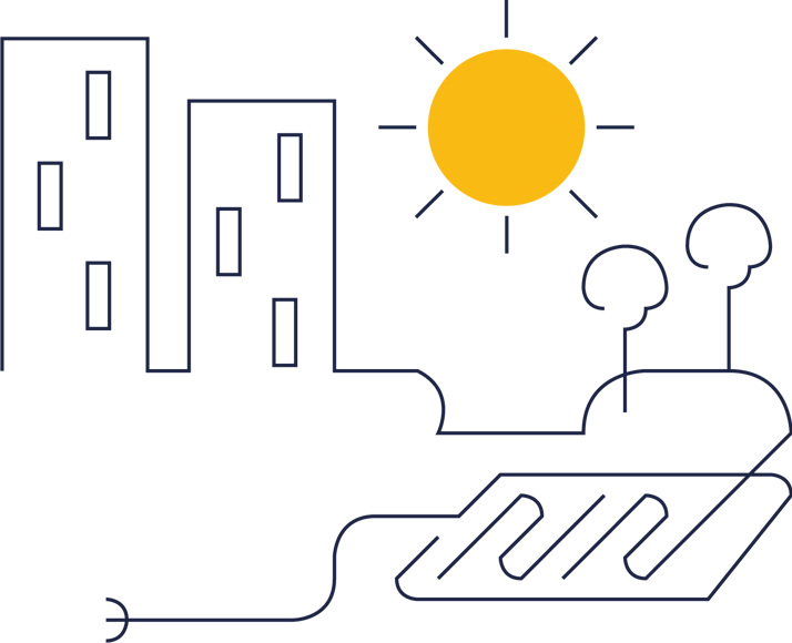 Sol som skiner i bostadsområde. Illustration.