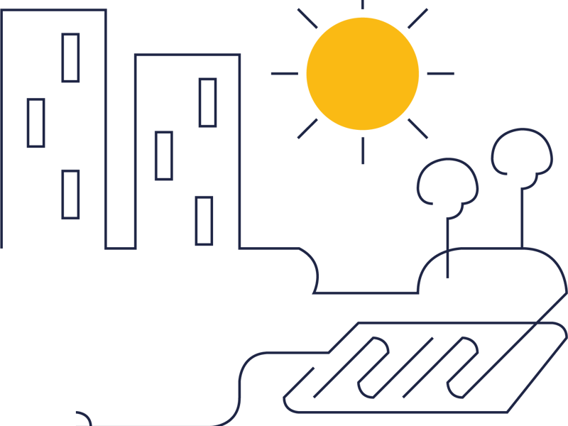 Sol som skiner i bostadsområde. Illustration.