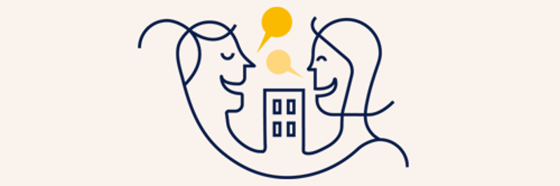Illustration. Två nöjda kunder pratar vid ett bostadsrättshus.