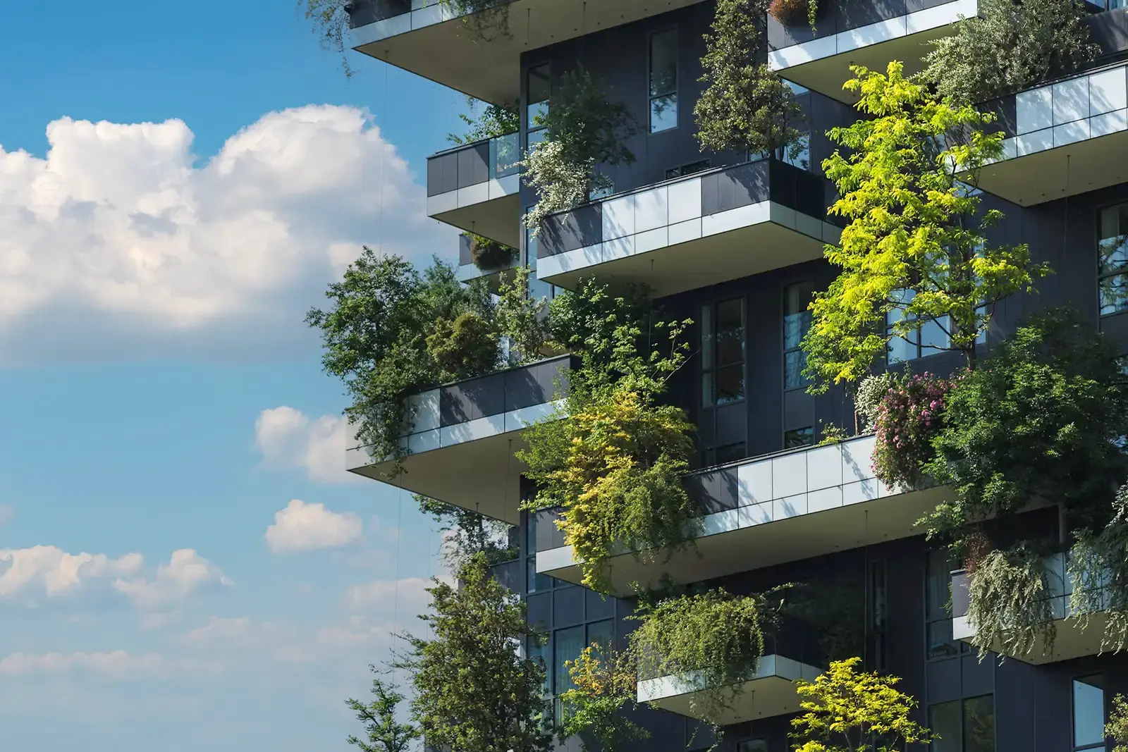 Modern arkitektur med olika växter och trädtäckta balkonger.