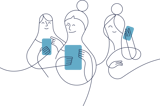 Tre kvinnor använder sina mobiltelefoner. Illustration.