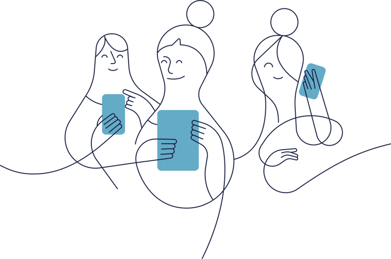 Tre kvinnor använder sina mobiltelefoner. Illustration.