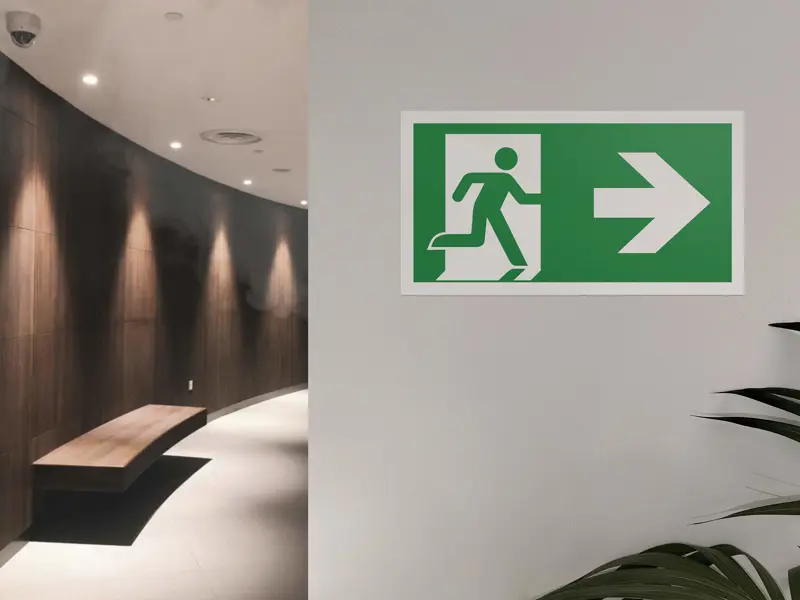 Entré till bostadsrätt med nödutgångsskylt samt en detektor i taket