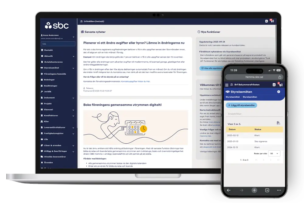 En laptop och en mobiltelefon som visar webbplatsen SBC Hemma.