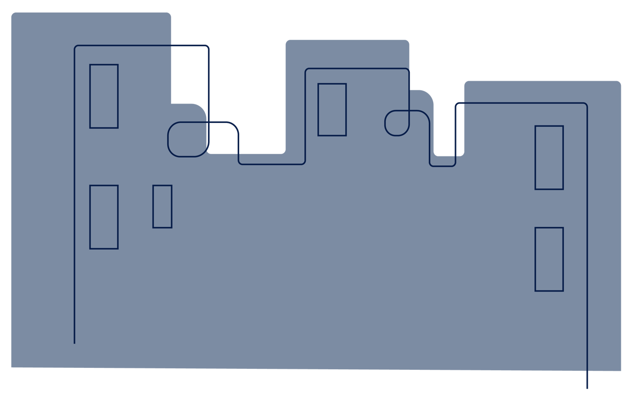 Illustration. Bostadshus med blå skuggning.