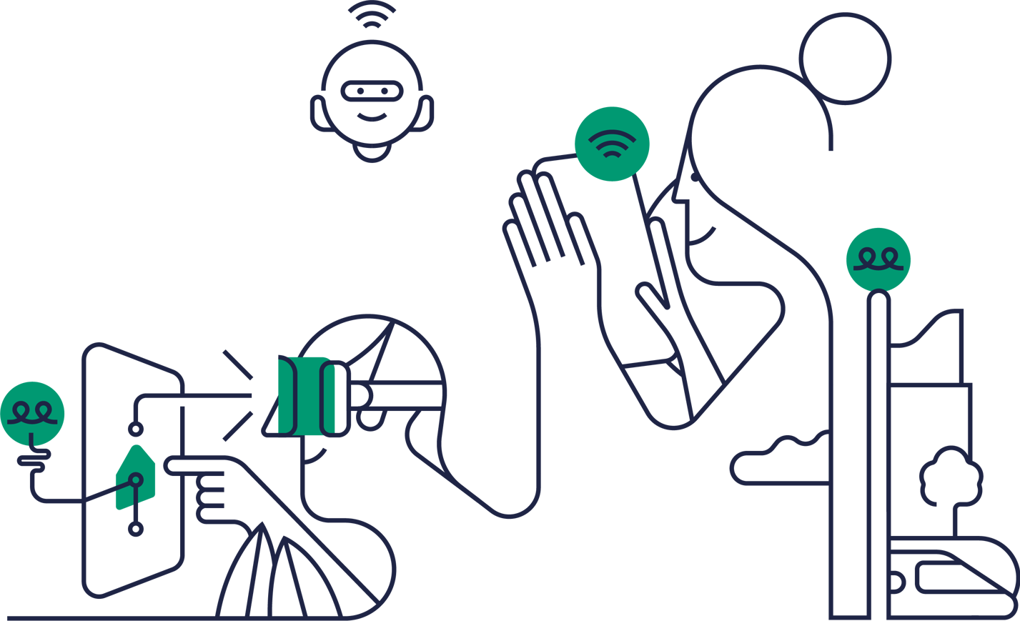 Man och kvinna som använder mobiltelefon och VR-glasögon. grön Illustration.