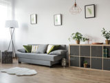 Hyresrätt möblerad med grå soffa, låg bokhylla och golvlampa