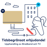 Tidsbegränsat erbjudande. Illustration av tv-apparat med WiFi-symbol, ett bostadshus samt en kvinna med en surfplatta.