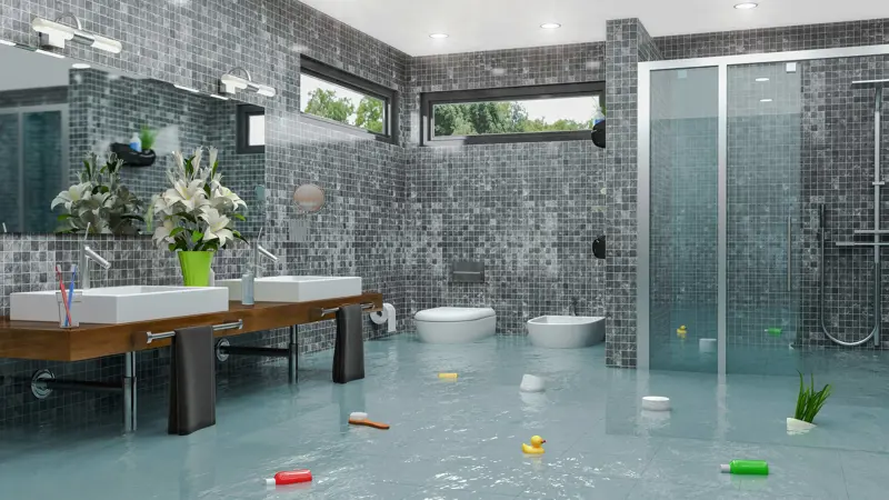 Badrum med golvet fyllt av vatten