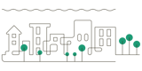 Illustration. Bostadsrättshus med grönområde.