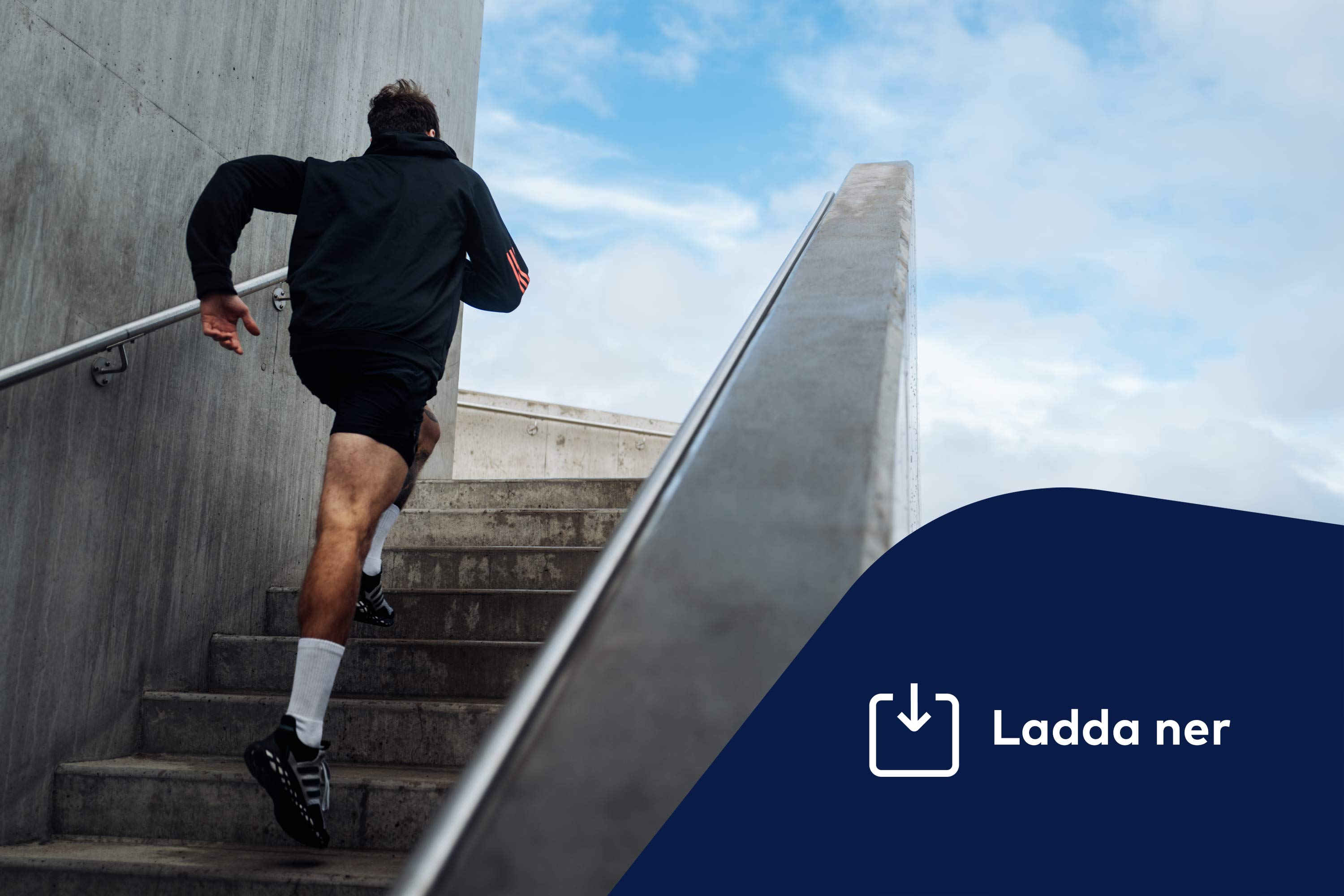 Man springer uppför en stentrappa i Göteborgs hamn. Ikon för nedladdning.