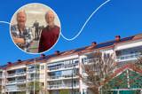 Fasaden på Brf Salongen samt inklippt bild på ordföranden Mats