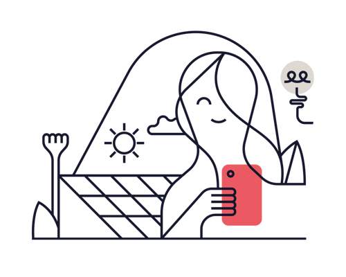 Kvinna som laddar sin mobil med solceller. Illustration.
