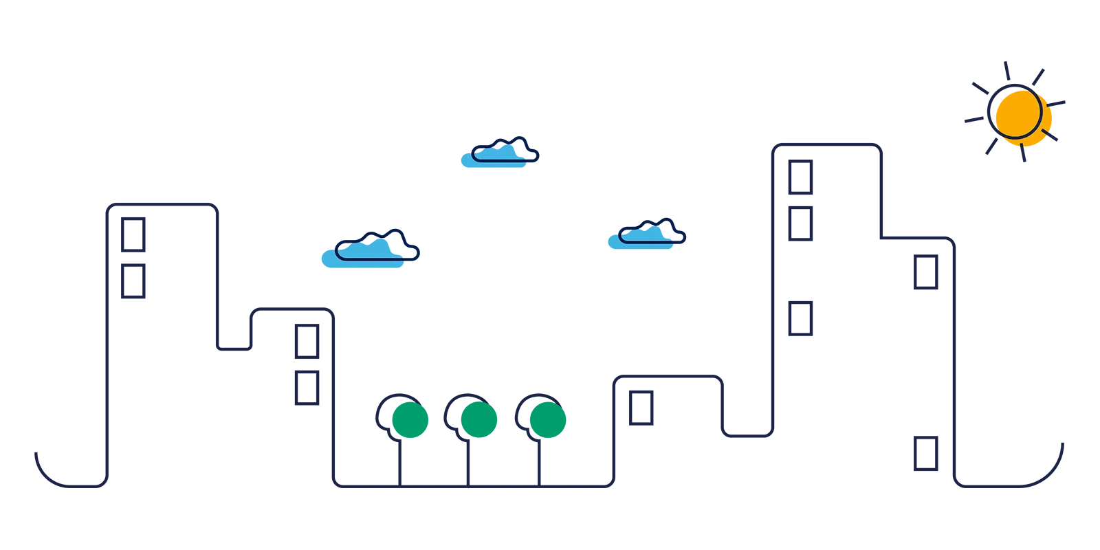 Illustration. Bostadsrättsförening med träd, moln och sol.