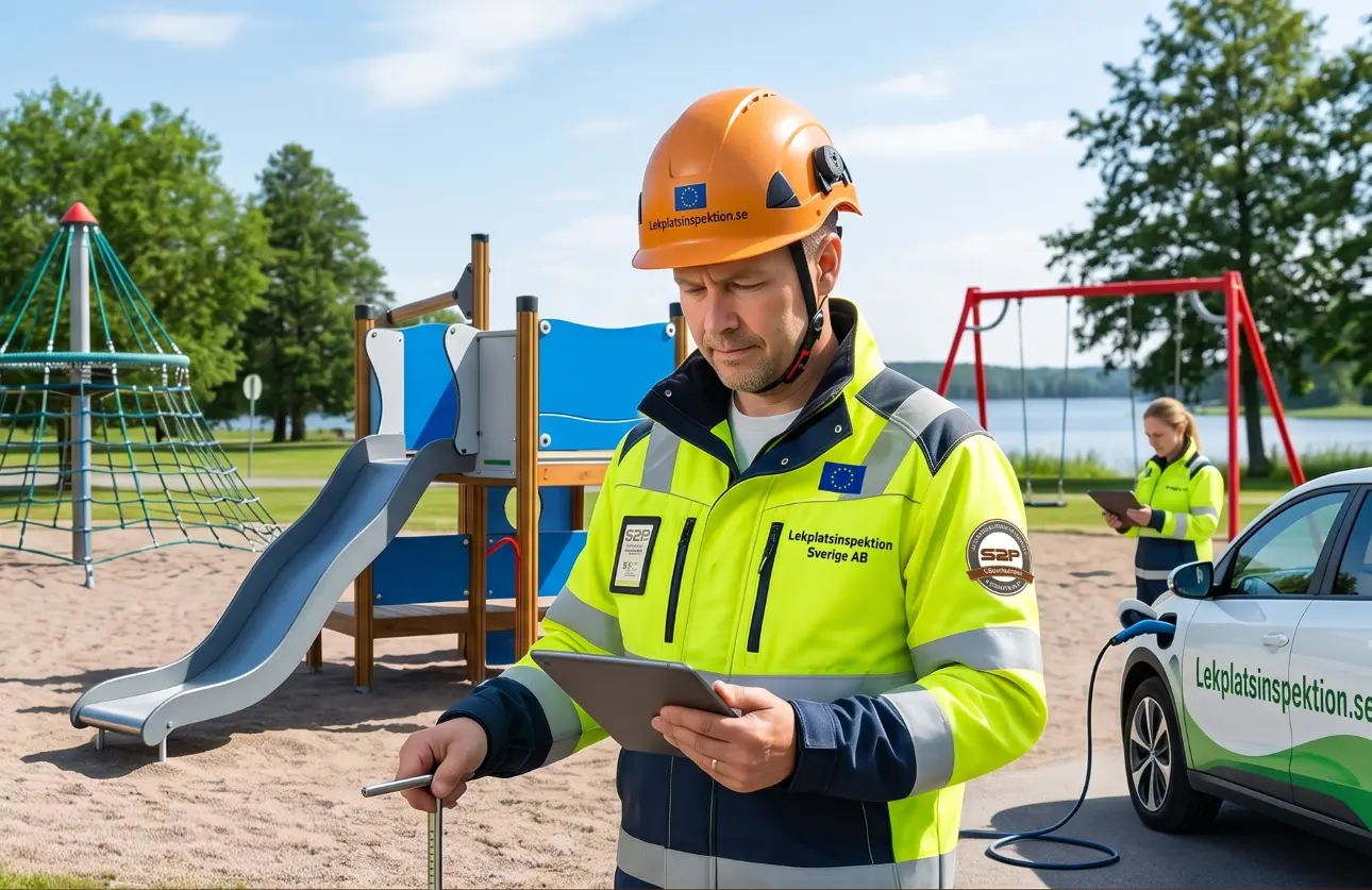 En manlig och en kvinnlig inspektör från Lekplatsinspektion.se, besiktar en lekplats.