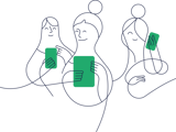 Tre kvinnor använder sina mobiltelefoner. Illustration.